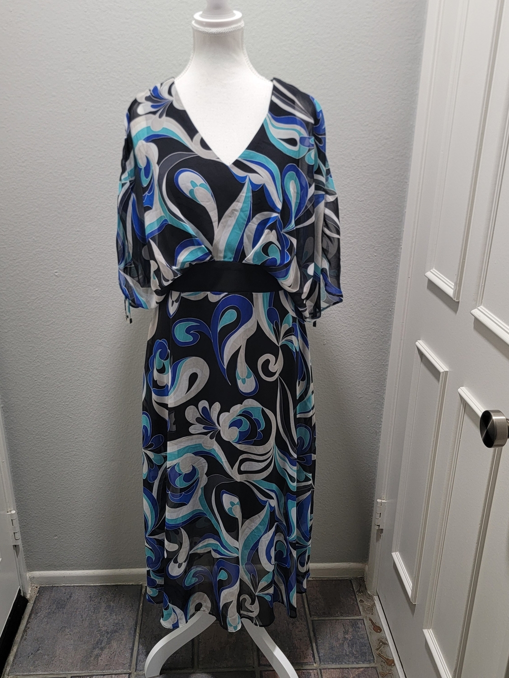Joseph Ribkoff Black, Blue & Teal Swirl V-Neck Maxi Dress
